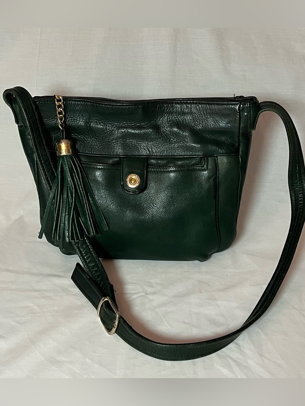 Tignanello Forest Green Leather Tassel Crossbody Shoulder Bag Boho